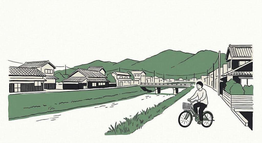 熊本の川沿いの町と自転車の人のイラスト