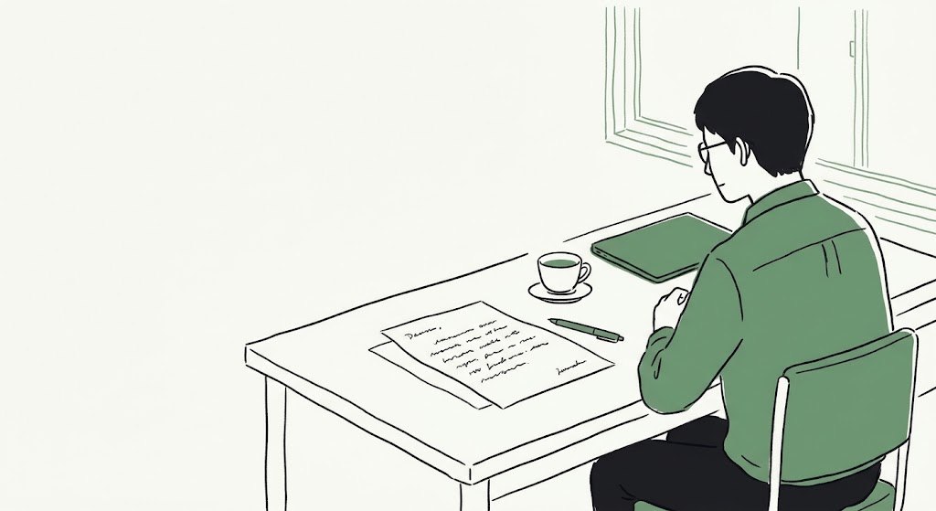 手紙とお茶が置かれた静かな机のイラスト