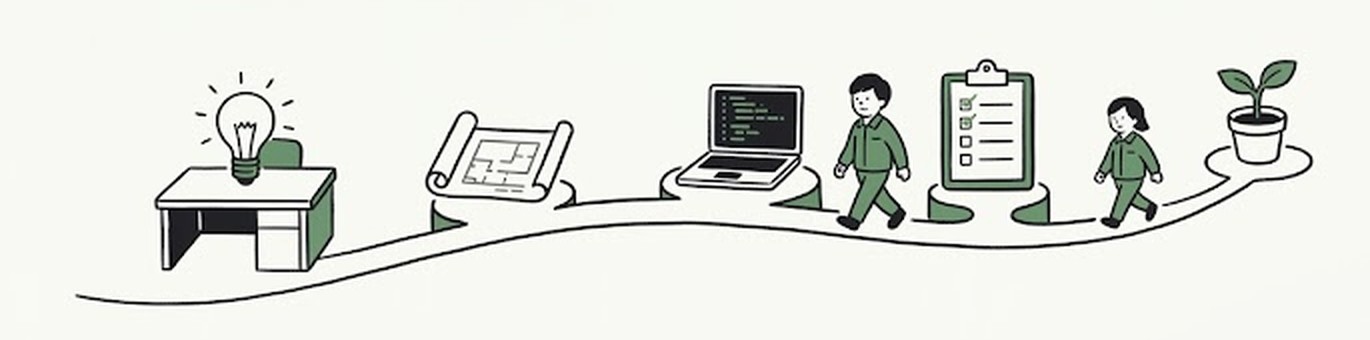 構想から運用まで、1本の道を進んでいくイラスト