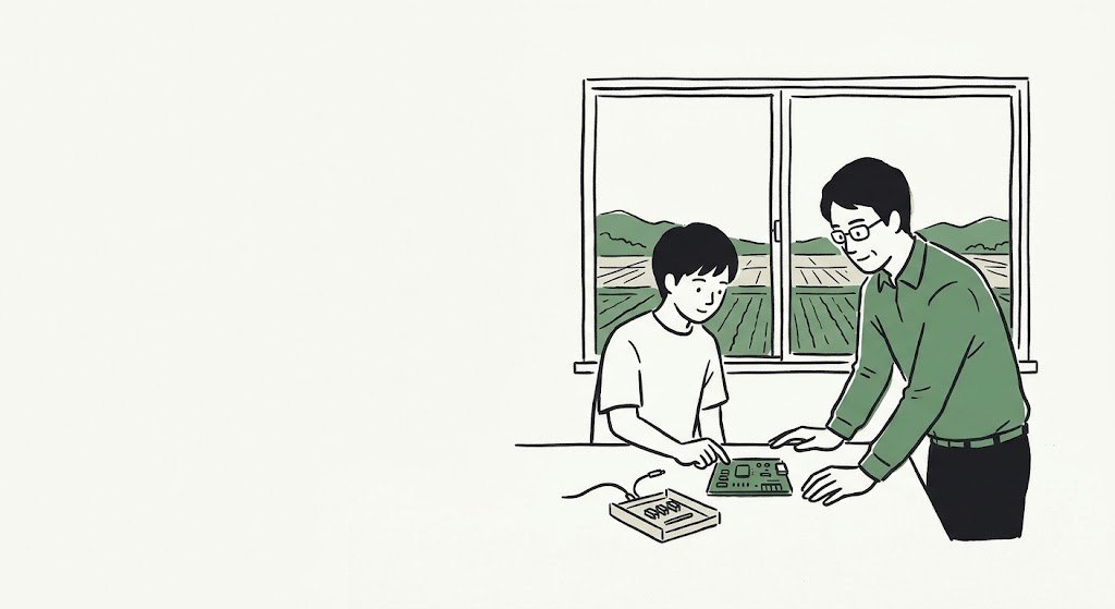 高専の学生と技術者が基板を囲むイラスト