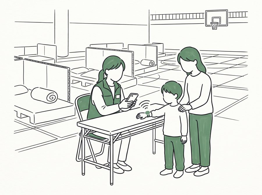 避難所の受付で、子どものリストバンドのシールにボランティアがスマホをかざしているイラスト