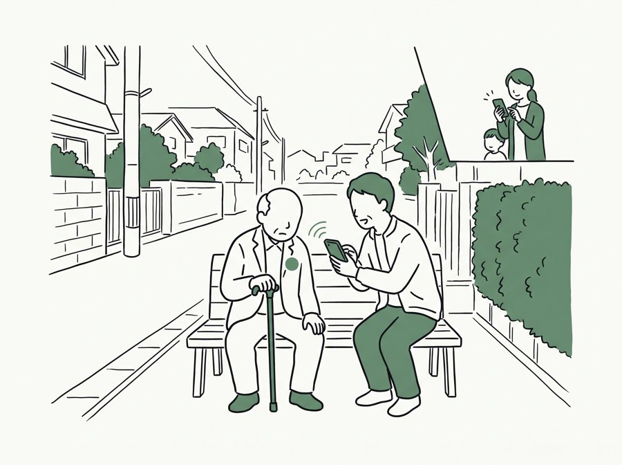ベンチに座る杖のおじいさんの胸元のシールに、近所の男性がスマホをかざしているイラスト