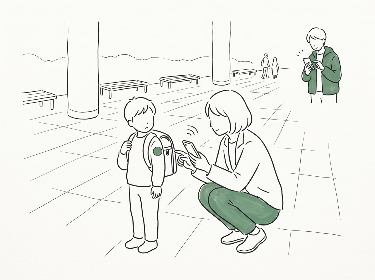 迷子の子どものランドセルの肩ひもに貼ったシールに、しゃがんだ女性がスマホをかざしているイラスト。離れた場所で保護者が通知を見ている