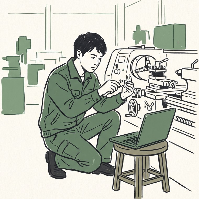 旋盤の前でノートPCを置き、部品を測るエンジニアのイラスト