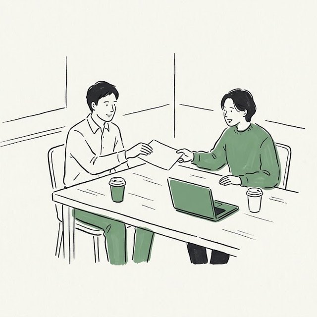 打ち合わせで書類を手渡す2人のイラスト
