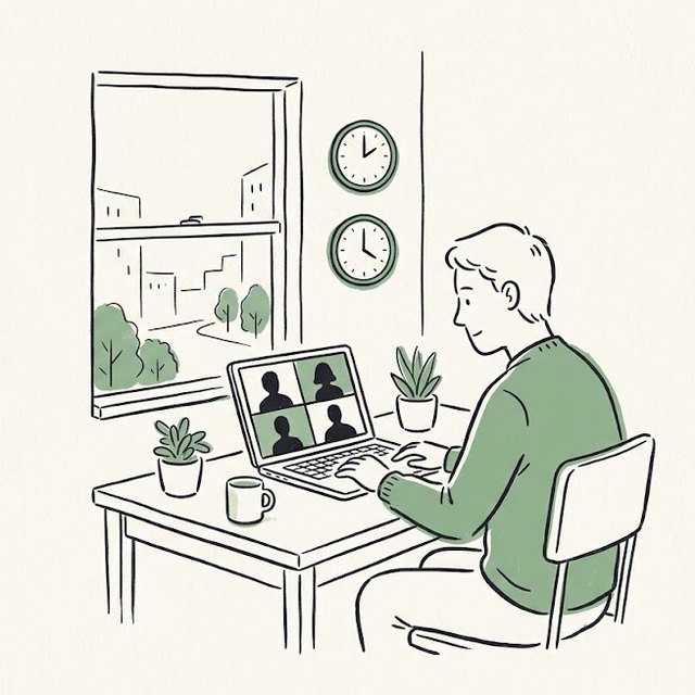ビデオ会議でチームとつながるPMのイラスト