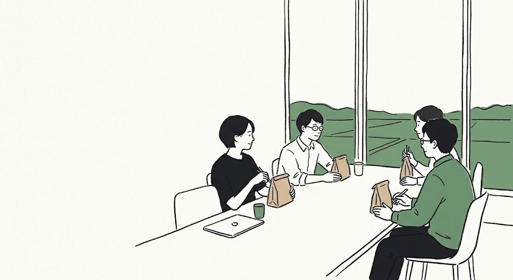 八代で昼食を囲むチームのイラスト