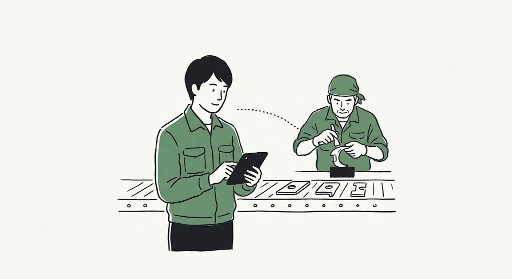 タブレットを持つ人と職人のイラスト
