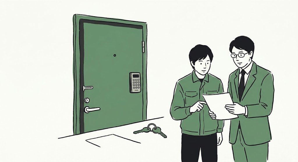 手順書を一緒に確認する2人のイラスト