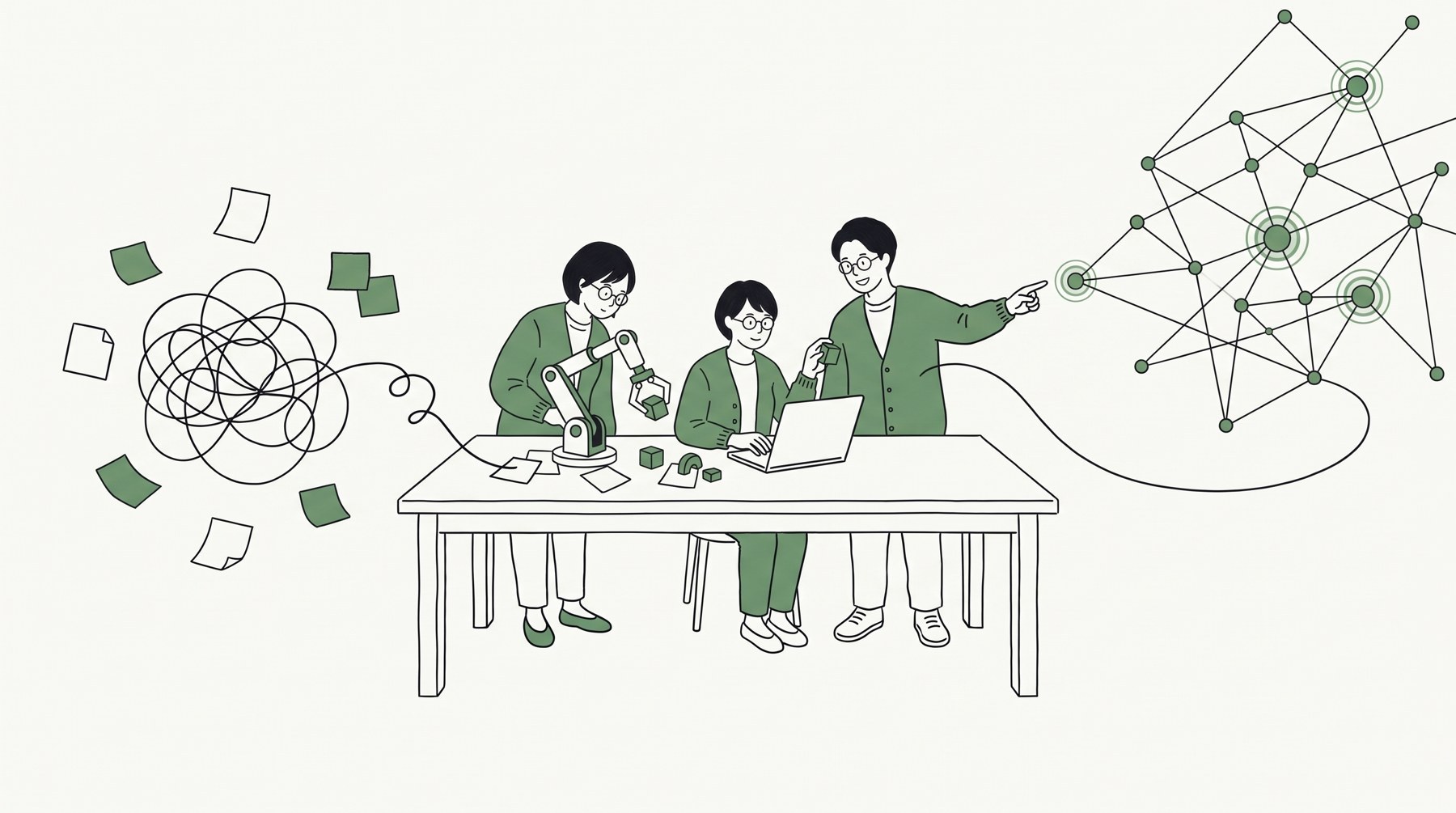 絡まった線がほどけ、ネットワークになっていくイラスト。三人のチームがロボットアームと一緒に手を動かしている