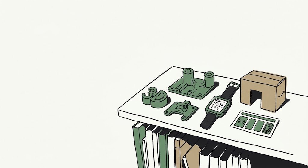 自社で作った3Dプリント部品などが並ぶ棚のイラスト