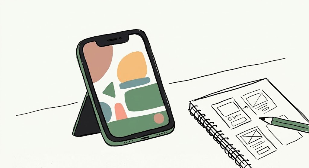 スマホのアプリ画面と手描きのスケッチのイラスト