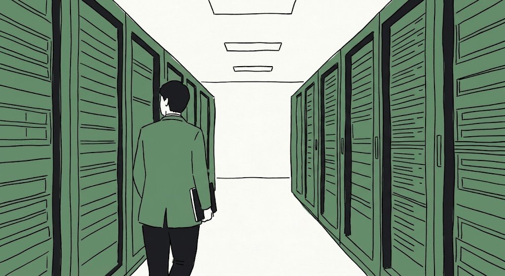 サーバルームの廊下を歩く人のイラスト